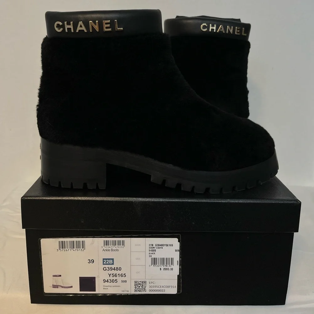 CHANEL Black Shearling Ankle Booties with Logo Cuff